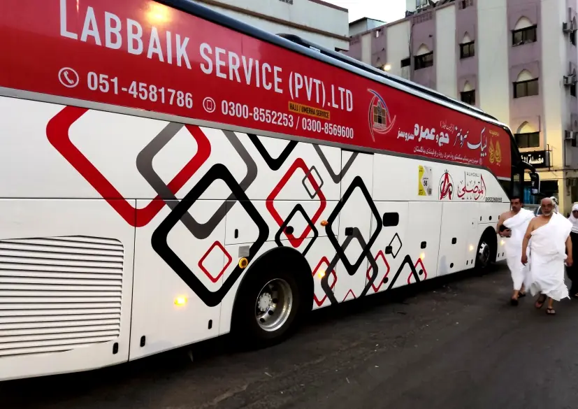 Labbaik Service branded bus for pilgrims